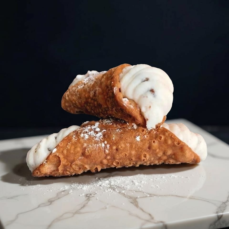 Two cannoli, one stacked atop the other, dusted with powdered sugar on a marble surface.