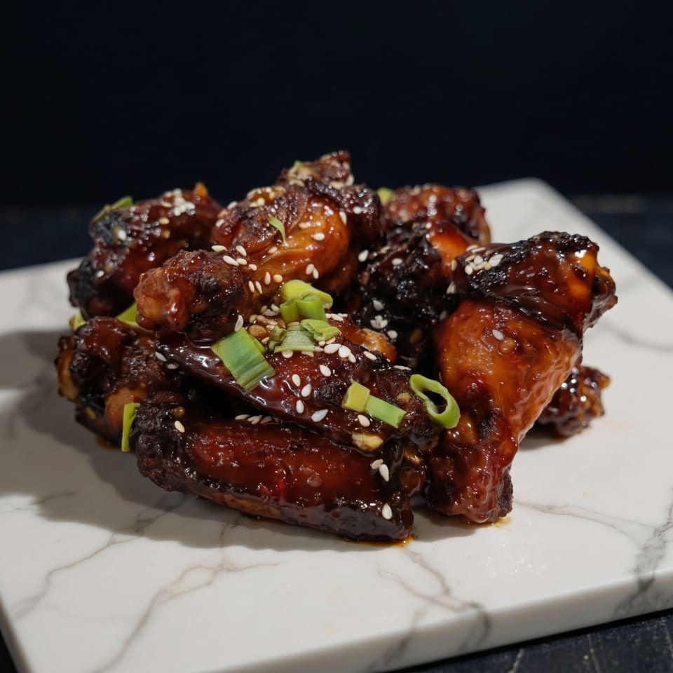 Glazed chicken wings topped with sesame seeds and chopped green onions on a marble board.