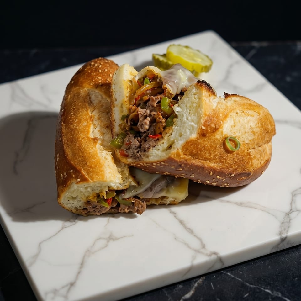 A sliced cheesesteak sandwich with melted cheese, peppers, and onions on a marble board with pickles.